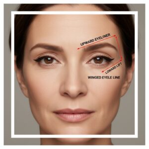 A close-up of a woman’s face with a diagram overlay showing the effect of upward winged eyeliner. Red arrows and text highlight the direction of the eyeliner, the upward lift, and the winged eye line, visually demonstrating how this makeup technique lifts the outer eye area.
